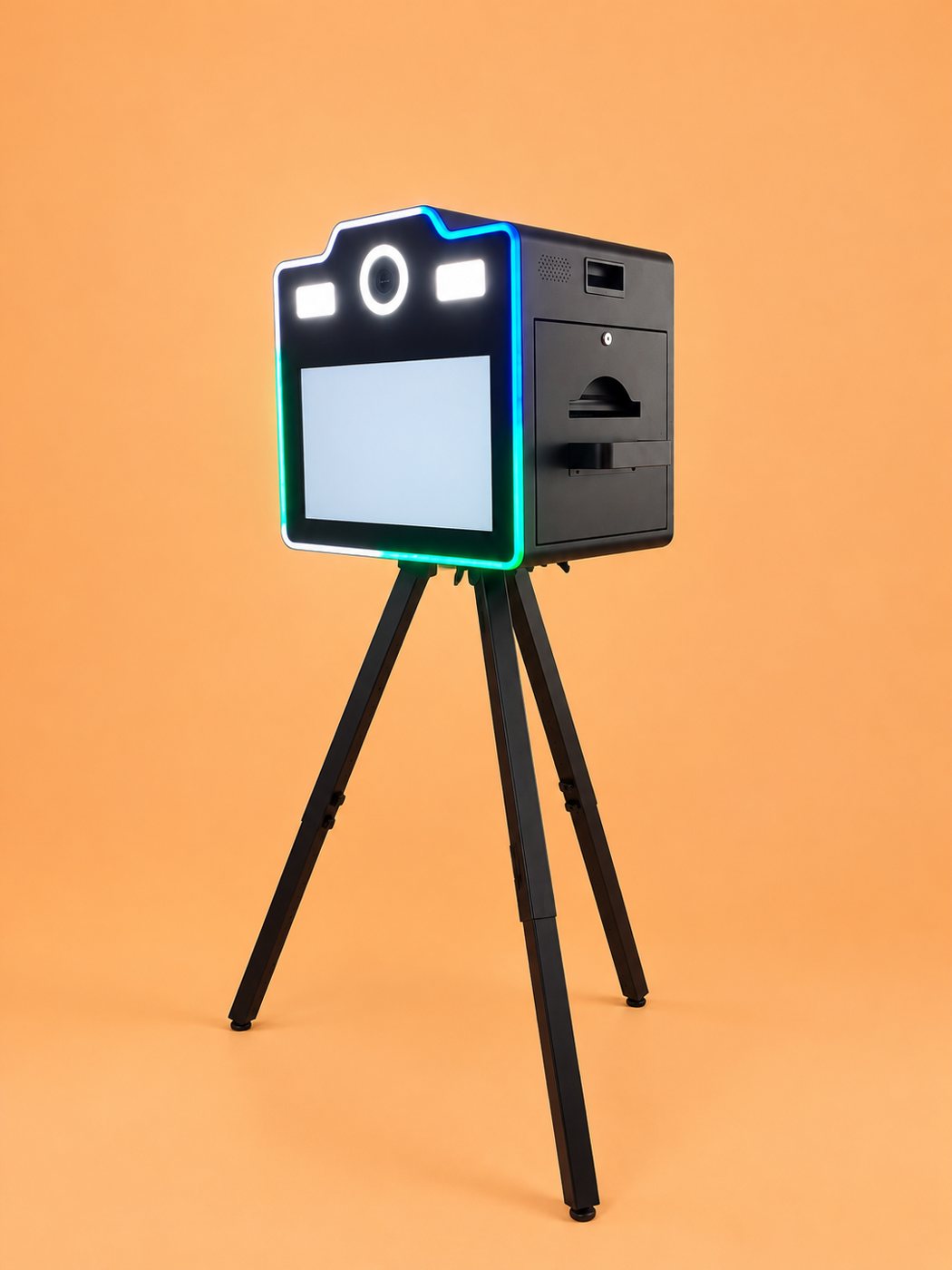 De Posar fotopaal: een zwarte photobooth met touchscreen en ledrand op een driepoot